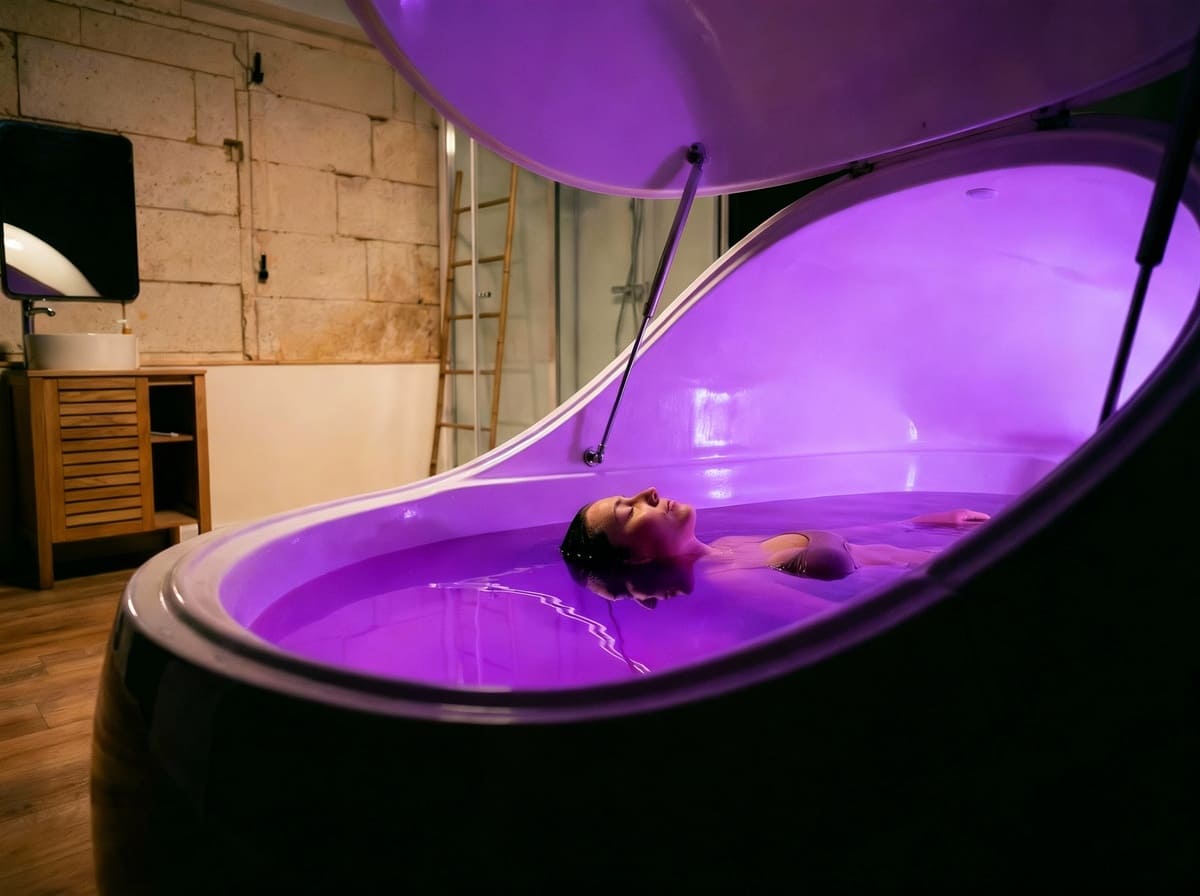 Femme relaxant dans un caisson de flottaison violet.