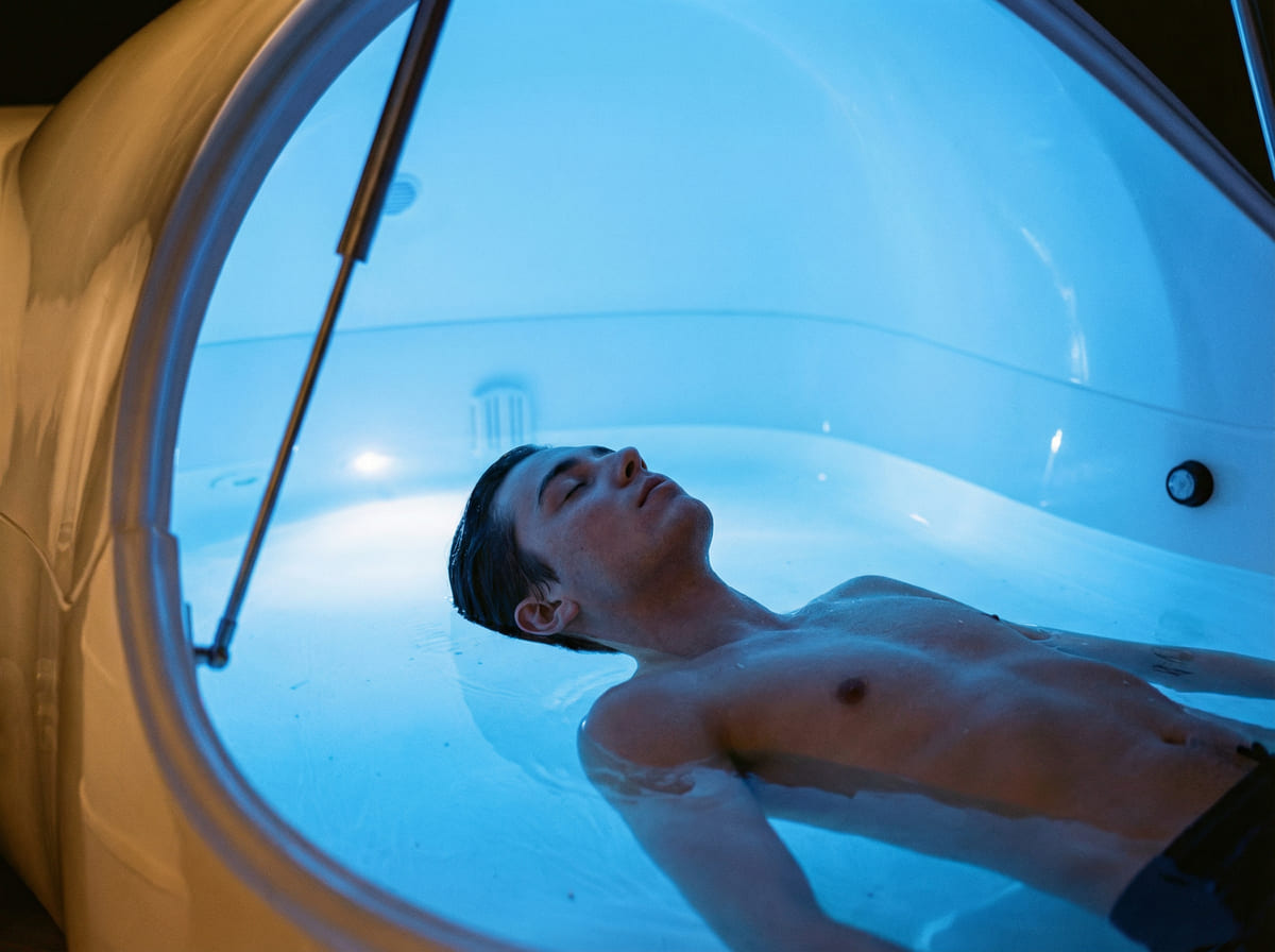 Homme se relaxant dans un caisson de flottaison.